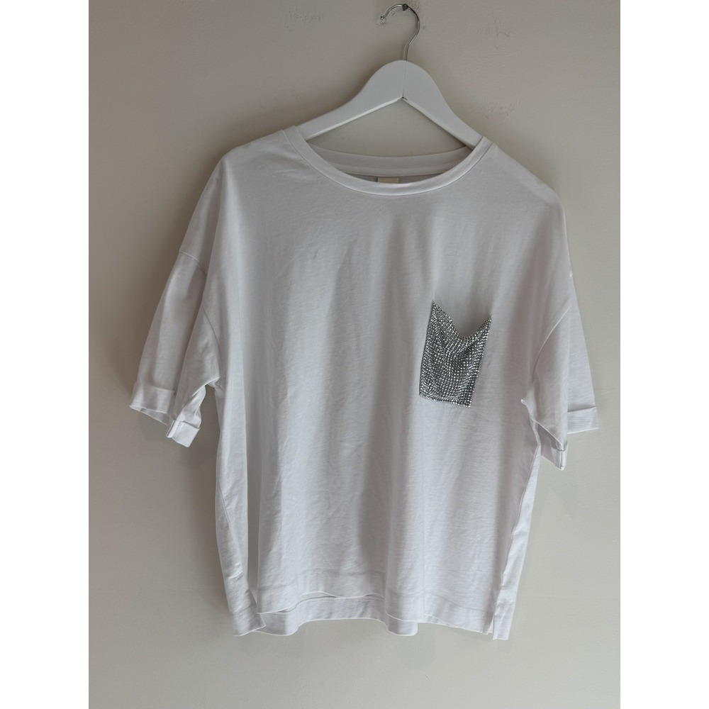 Women's White Cotton Oversized Tee Silver Rhinestone Crystal Pocket Boxy